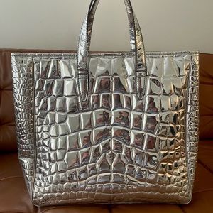 Auth YVES SAINT LAURENT YSL Rive Gauche Gold Croc Patent Leather Tote Bag